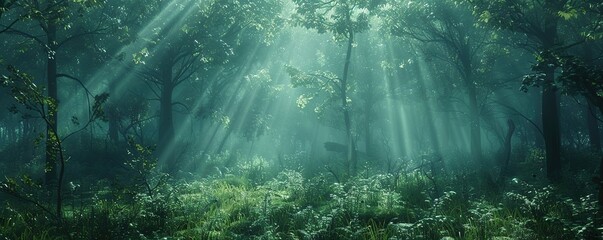 Deep forest scene with rays of light piercing through, revealing the hidden beauty and tranquility of nature