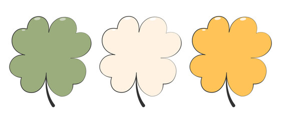 Set of hand drawn shamrocks in Irish flag colors.Green, white and orange four leaf clovers illustration on white isolated.Elements for St.Patrick's Day design cards,print. Vector illustration EPS 10