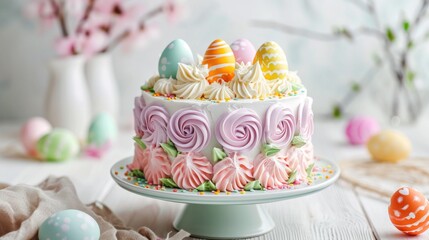 pink cream Easter cake with colorful painted eggs on top, soft light background, poster