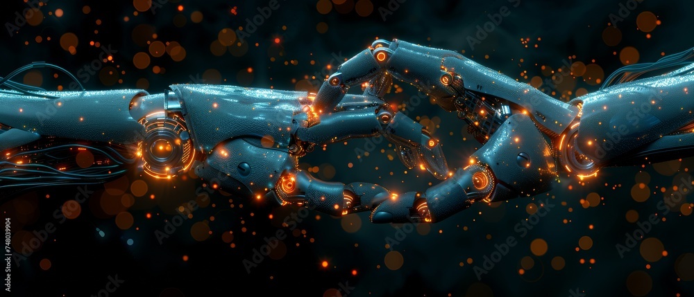 Leinwandbilder Robot and human hands touching a big data network on a futuristic background, science and artificial intelligence technology with innovation and creativity.