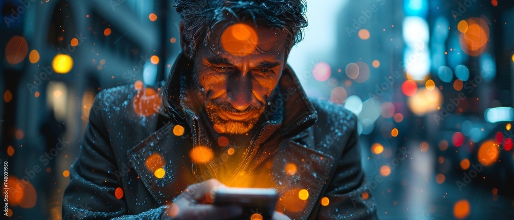 Poster internet of things iot, artificial intelligence ai. a businessman using a smart phone against a back