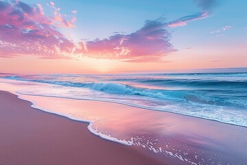 Editorial Photography focusing on the serene beauty of the beach and ocean at sunrise, highlighting the peaceful morning ambiance