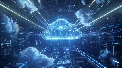 Innovative blue cloud computing hub in cybernetic space, centralizing data and applications --ar 16:9 --style raw Job ID: 26497dbe-df01-4972-8f6e-0e04271c12ba