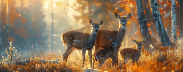 Papier Peint photo Lavable Cerf Elegant deer family in misty forest dawn, capturing the tranquil beauty of wildlife and the importance of animal families