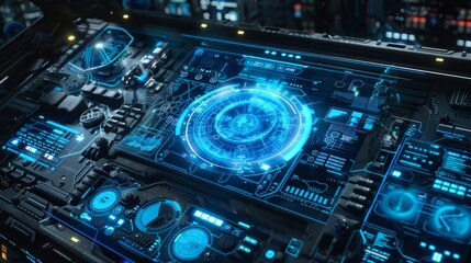 Fototapeta premium AI interface with blue holograms, showcasing cyber intellect, ideal for futuristic AI technology promotions.