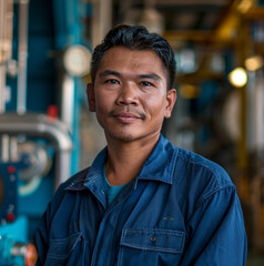 Obraz premium a southeast asian man, wearing blue offshore wirk coveralls, in an iffshore facility, working in operational technologh scyber security