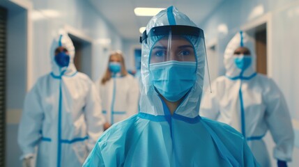 Healthcare workers in PPE in hospital hallway, embodying unity and strength, perfect for healthcare appreciation.