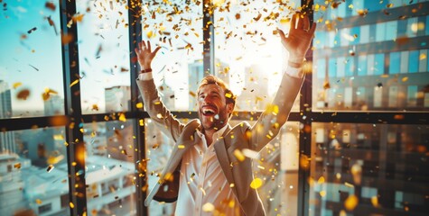 Joyful man in a suit with arms raised, surrounded by falling confetti, in an office setting.