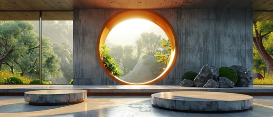 An empty concrete room has a large circle window and a round podium for presenting products against a background of nature.