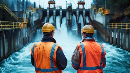 Two workers in high-visibility clothing inspect hydroelectric dam activities.