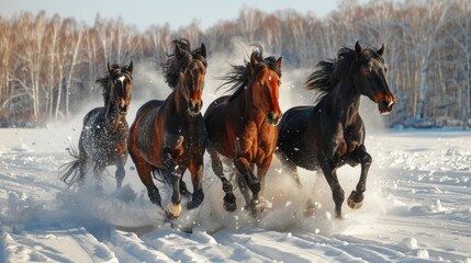 Obraz premium Horses galloping in winter landscape