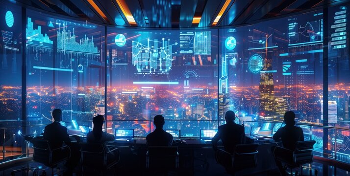 Professionals in a futuristic control room analyzing digital data screens.