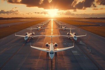 Magazine-style photography featuring a lineup of the most extravagant private jets parked on a...
