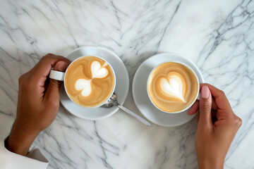 Couple on a date, man and woman hands holding coffee cup with latte art. Cappuccino crema of heart shape. Top view of marble cafe table. Morning cappuccino with hearts, romantic couple. Coffee break.