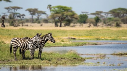 Zebras (Equus quagga) at Lake, safari