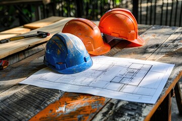 Construction helmets and blueprints on the table