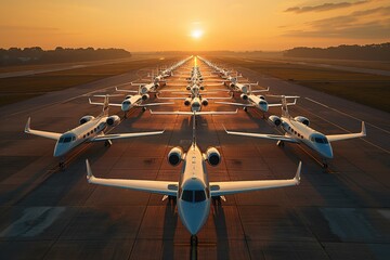 Magazine-style photography featuring a lineup of the most extravagant private jets parked on a...