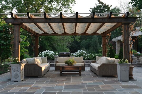 Cozy patio with sofas and a table. Pergola shade over patio.