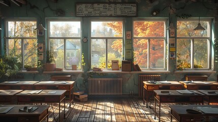 Classroom with desks in the background