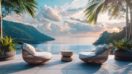 Obraz premium Luxury outdoor seating area lounge or terrace with nature panoramic view