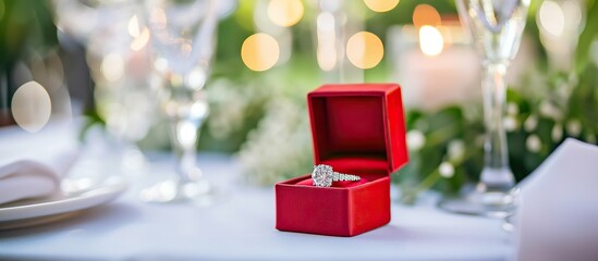 Romantic engagement ring on blurred background