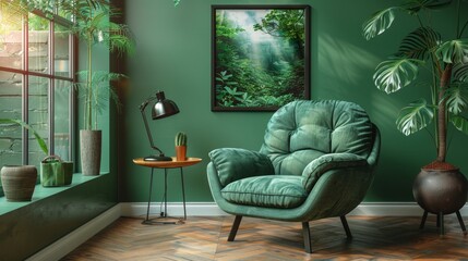 The background is a green living room with a grey decorative chair, a lamp frame in the middle of the table, and a poster style graphic.