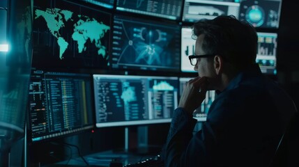 Cybersecurity expert analyzing data on multiple screens, dark mode, perfect for tech security insights.