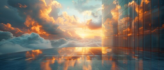 A 3D rendering of a curve glass office building reflecting clouds.