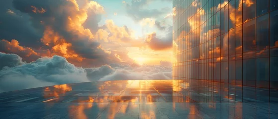Foto op Plexiglas A 3D rendering of a curve glass office building reflecting clouds. © Zaleman