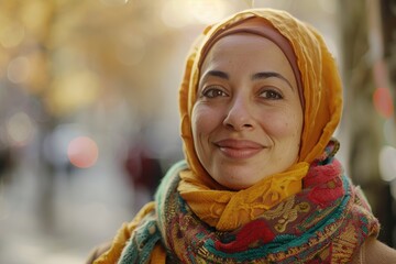 Portrait of happy muslim woman, smiling and enjoying moment in the city.