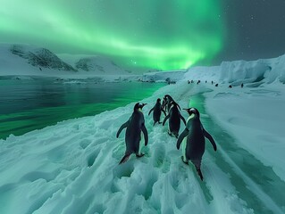 Penguins on the icy shore under aurora skies, a unique glimpse into the life of animals in polar regions - obrazy, fototapety, plakaty