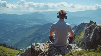Relaxation in mountains. Young man with headphones sitting on the edge of cliff and listening music.