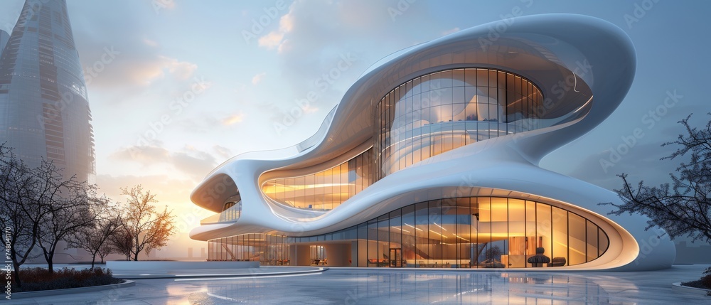 Fototapete Low angle view of futuristic architecture, curved glass windows on an office building, 3D rendering...