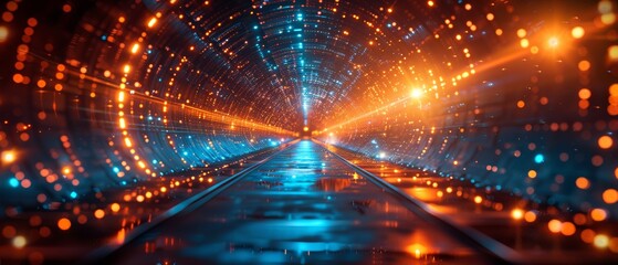 3D Futuristic Sci-Fi High-Tech Empty Space Pathways with Neon Blue and Orange Glowing Light Strips