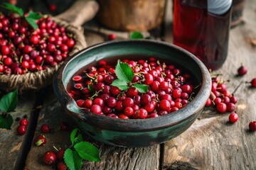 Macerating fresh hawthorn berries in red wine - preparation of medicinal drink - obrazy, fototapety, plakaty