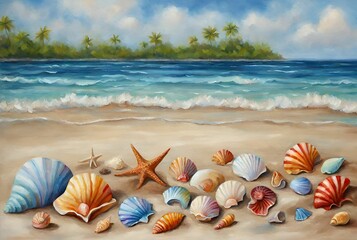 Exotic seashells on sandy tropical beach. Ocean waves, palm trees marine life illustration 