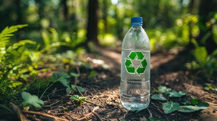 Plastic bottle with the recycle logo close up, enviromental reuse concept, eco symbol, social issues