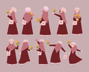 Vector illustration set of happy Muslim girl holding flowers in several variations of poses. Hobby and leisure concept.