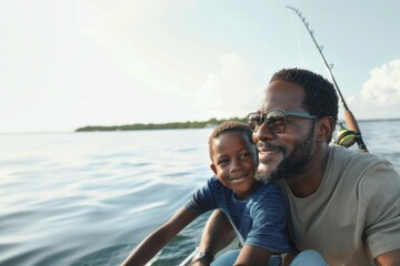 Happy african american father fishing with his son in a boat