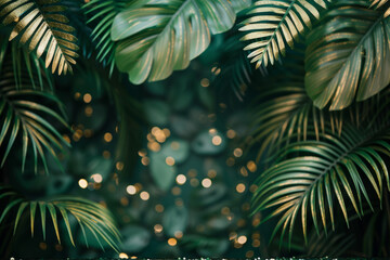 Fototapeta na wymiar Tropical palm leaves and gold glitter background. Generative AI