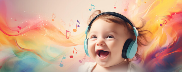 Cute small funny child with headphones on his head.