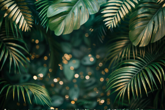 Tropical palm leaves and gold glitter background. Generative AI