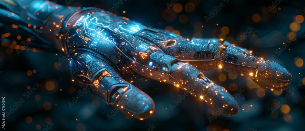 Fototapete an artificial intelligence icon is displayed on a digital screen controlled by a hand, with his hand