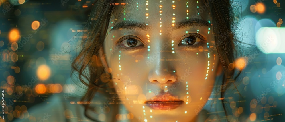 Leinwandbilder Software Developer Working on Innovative e-Commerce App using AI, Big Data Working on Asian Female Startup Digital Entrepreneur while projected line of code on her face.