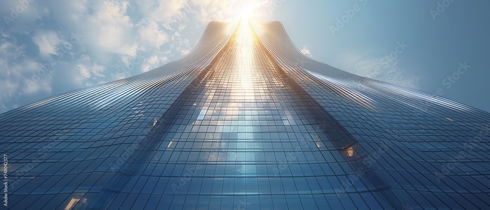 Leinwandbilder rendering of a futuristic skyscraper with curve glass windows in low angle.