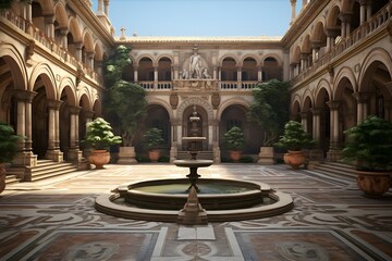 Fototapeta na wymiar Renaissance Revival Courtyard: A Renaissance-inspired courtyard with ornate sculptures, archways, and a central fountain.