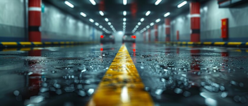 A 3D rendering of an architecture background with concrete floors and a car advertisement.