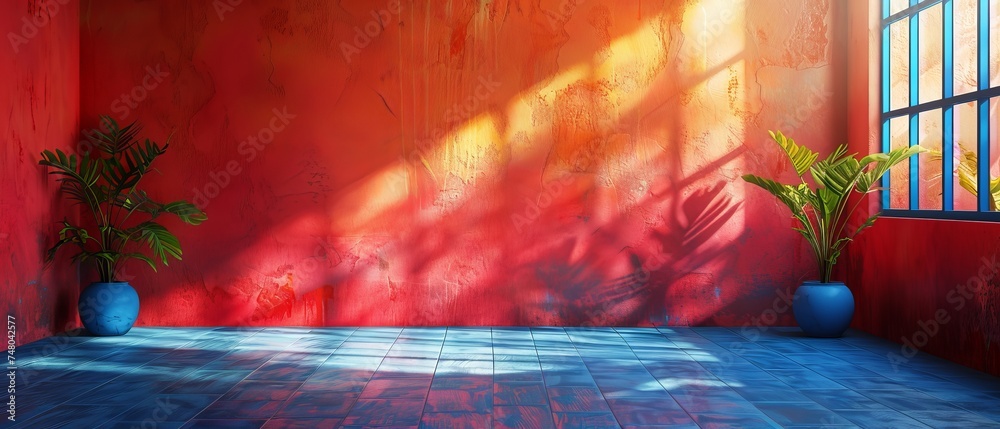 Leinwandbilder An empty colorful wall background with hard falling shadows. Rendering in 3D.