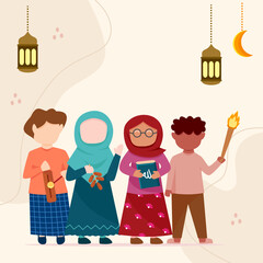 Muslim children celebrate Ramadan Kareem vector illustration with copy space for text.