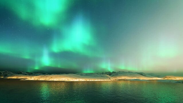 Northern Lights or Aurora Borealis Moving over Island in middle of the Ocean with Reflection and Lights from a Coastal City 3D Animation.